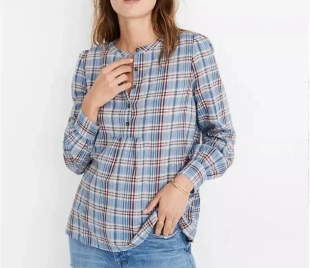 Madewell Popover Blouse Top Blue Plaid Puff Sleeve Swing Pleated Cotton Linen